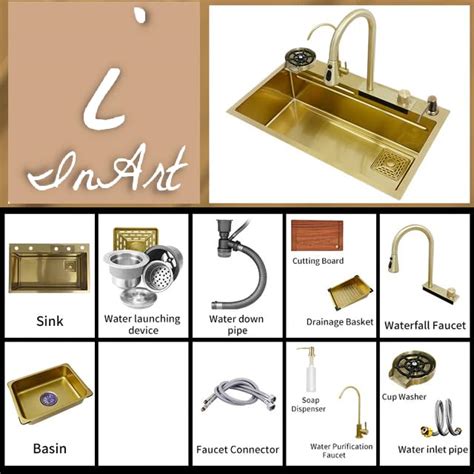 InArt Waterfall Kitchen Sink Nano Stainless Steel Single Bowl Brushed ...