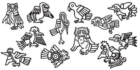 A set of tribal birds black and white isolated . Aztec style Mexican ...