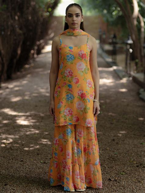 Buy Women's Short kurta With Tiered Sharara And Dupatta Online in India ...