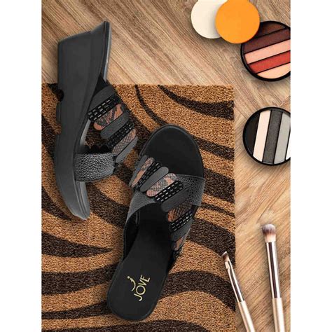 Buy Jove Women Black Metallic Textured Wedges Online