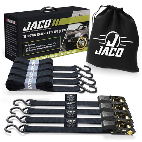 JACO Ratchet Tie Down Straps (4 Pack) - 1 in x 15 ft | AAR Certified ...