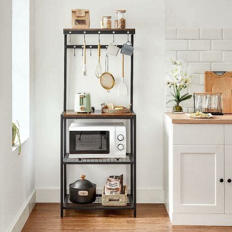 Scaffale Da Cucina VASAGLE Con Cestino - Metallo E Legno, 6 Ganci S, Design Industriale, Per Microonde E Pentole