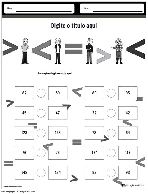 Planilha de comparação de números pronta para impressão com sinais em preto