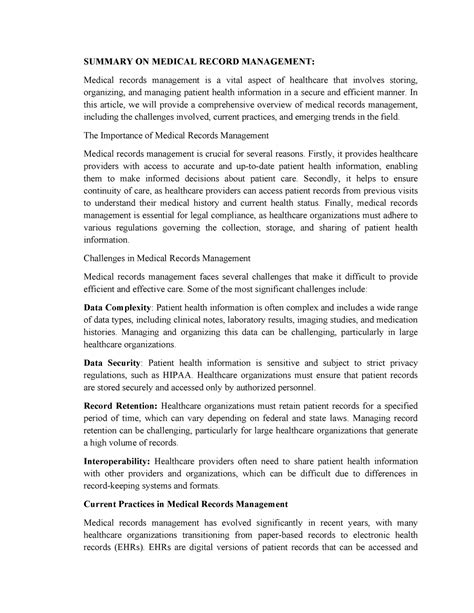 Summary ON Medical Reports AND Managment - SUMMARY ON MEDICAL RECORD ...