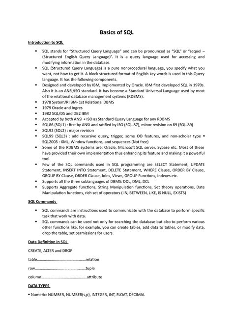 Basics of SQL - Lecture notes 1 - Basics of SQL Introduction to SQL SQL ...