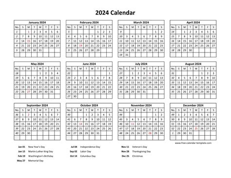 Printable yearly calendar 2024 with US holidays | Free-calendar ...