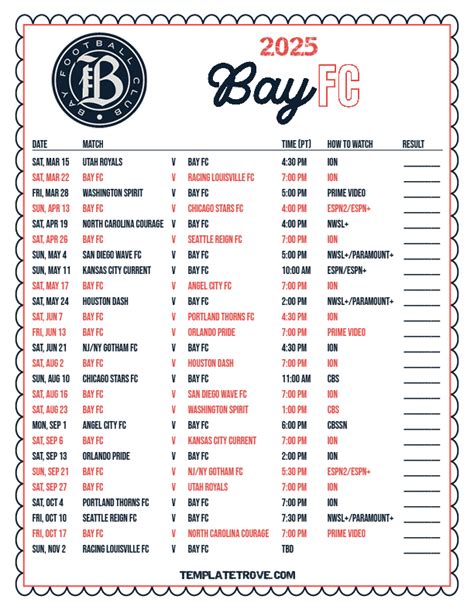 Printable2025 Bay FC Soccer Schedule
