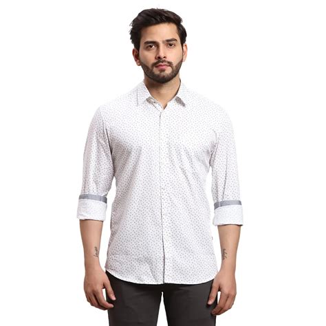 Men White Slim Fit Print Cotton Full Sleeves Cutaway Collar Shirts ...