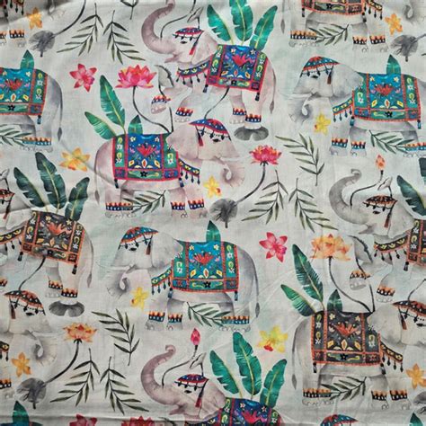 Pure Cotton Digital Screen Print White With Grey Elephants Fabric ...