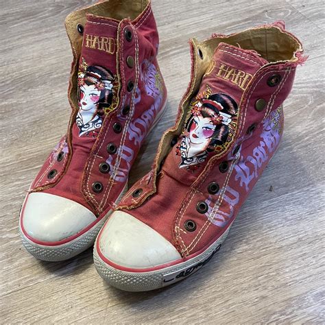 ed hardy high top converse size 8 women's - Depop