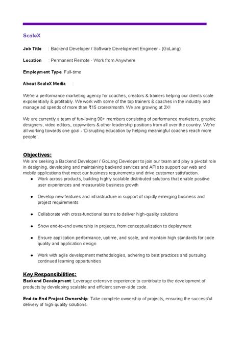 Scale X Media - SDE (Go Lang) - JD - ScaleX Job Title 👨‍💻: Backend ...