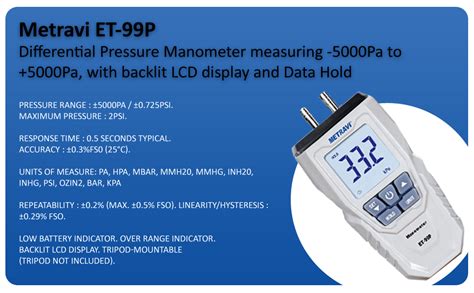 Metravi ET-99P Differential Pressure Manometer measuring -5000Pa to ...