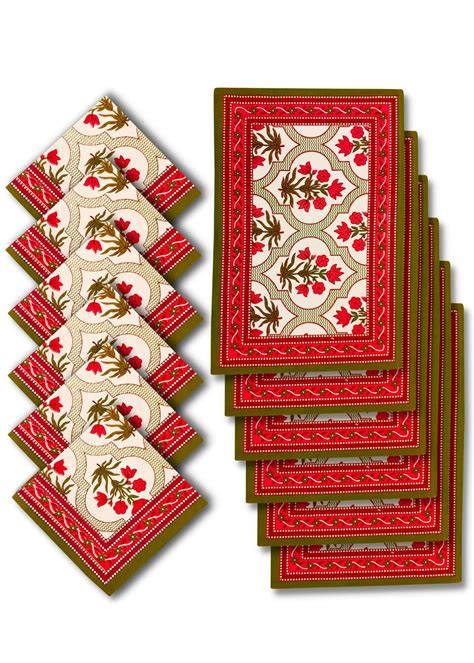 Get Hand Block Floral Printed Multicolor Table Mats With Napkins- Set ...