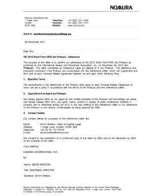 Fillable Online isda Nomura International plc - 2010 Short Form HIRE ...
