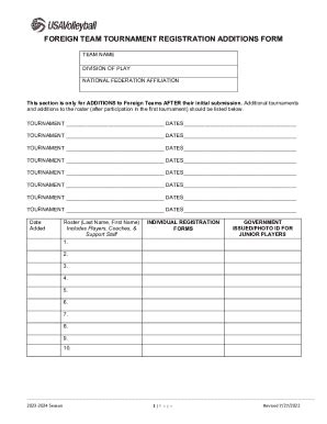 Fillable Online FOREIGN TEAM TOURNAMENT REGISTRATION ADDITIONS FORM Fax ...