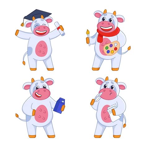 Personajes de vaca de dibujos animados feliz en colección de diferentes ...