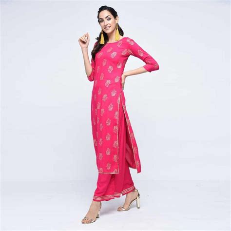 Glorious Pink Colored Casual Wear Printed Straight Calf Length Rayon Kurti