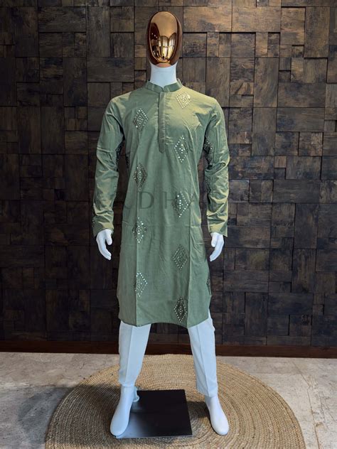 Sage Green Embroidered Kurta with Mirror Work – House of Vardha