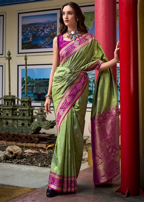 Piquant Green Woven Banarasi Silk Saree With Contrast Blouse – Zari Banaras