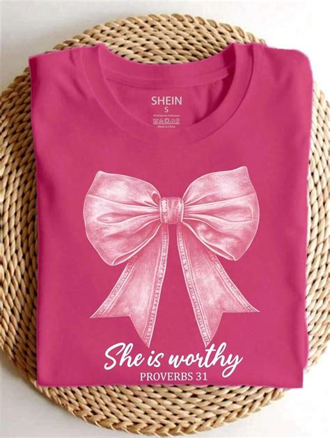 Chiquease Women's Tops Pink Bow Faith Letter 'She Is Worthy' Slogan ...