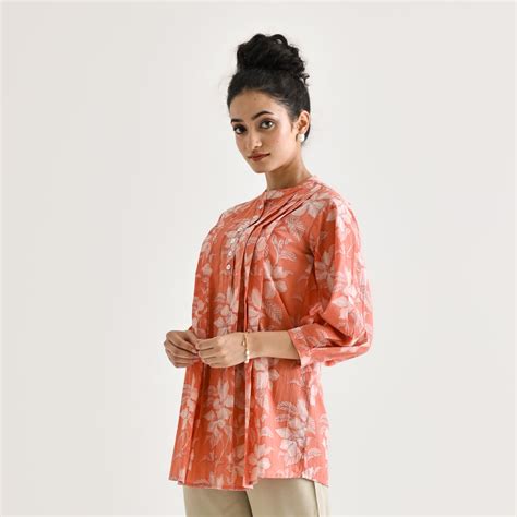 Buy Peach Breezy Sanganeri Floral Cotton Tunic with Pintuck Detail ...