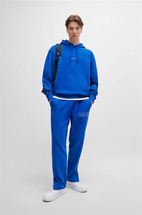 HUGO - Cotton-terry hoodie with outline logos - Blue