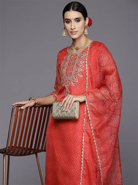 Anouk Floral Embroidered Mirror Work Pure Silk Kurta With Trousers ...