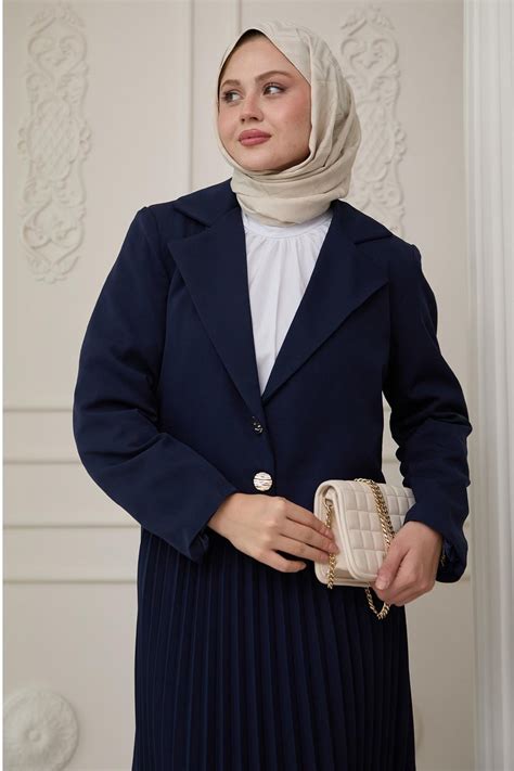 Navy Blue Suit with Two-Button Jacket and Pleated Skirt | Shaghaf Store