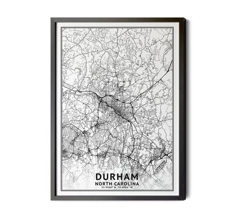 Durham North Carolina Map, Black and White, Coordinates, Map of Durham ...