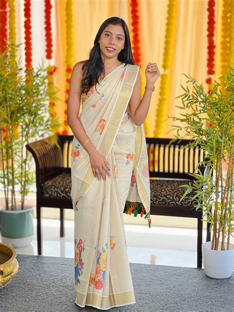 Digital Print With Kasavu Detailed Tissue Saree | GAT399 – Aham ...