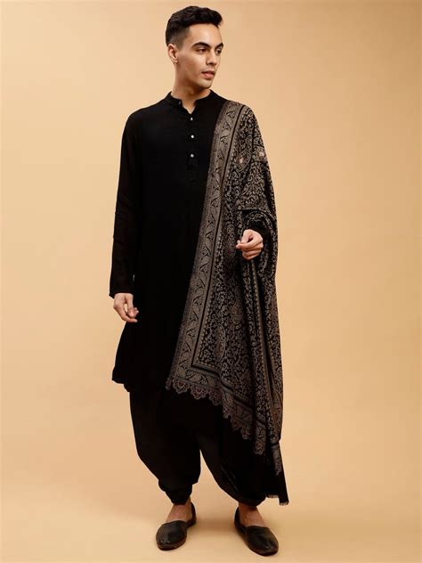 Tweedle Men’s Paisley Design, Zari Shawl - Black, Size - 40 x 80 inche