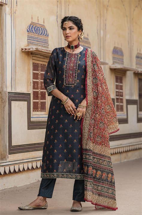 Shop Grey Chanderi Silk Kantha Embroidered Kurta Pant Dupatta Set ...