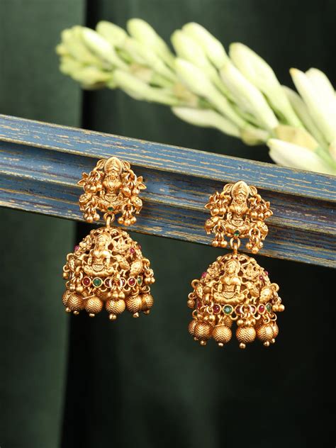 Maroon Kemp Stones Gold Plated Temple Jhumka Earring – Priyaasi
