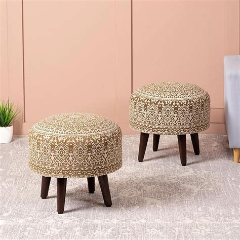 nestroots Set of 2 Wooden Ottoman Stools for Living Room | Printed ...