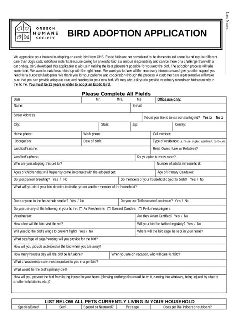Ohs Exotic Bird Adoption Application Doc Template | pdfFiller