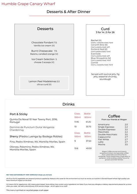 Menus 2023 - Humble Grape Canary Wharf in London | TheFork