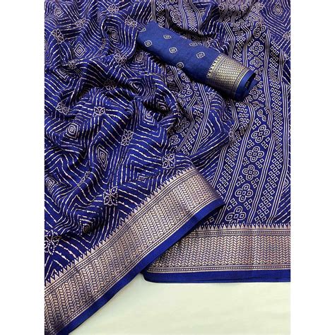 Navy Blue Geometric Printed Dola Silk Saree With Jacquard Border