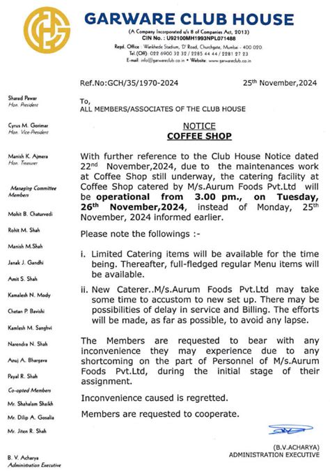 Notice Dt. 25 Nov 2024 Regarding Coffee Shop - Garware Club House