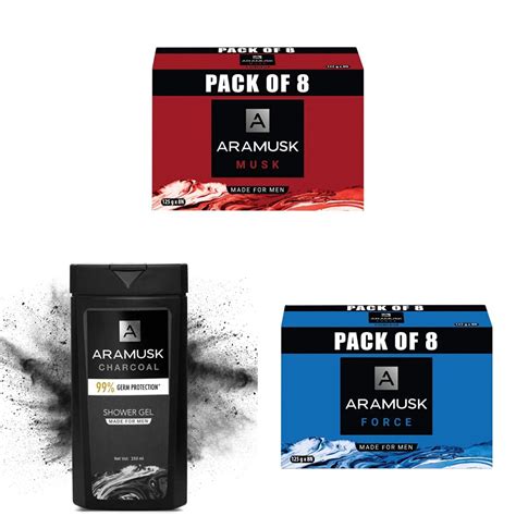 Buy Aramusk Musk Soap, 125g(Pack of 8) & Aramusk Charcoal Shower Gel ...