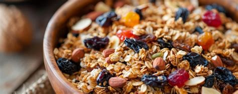 A closeup of a cereal bowl filled with granola nuts and dried fruits ...