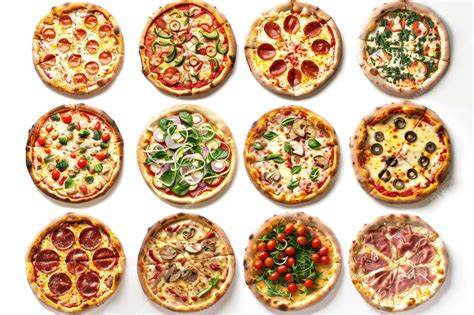 Top view on a set of different types of fresh delicious pizzas isolated ...