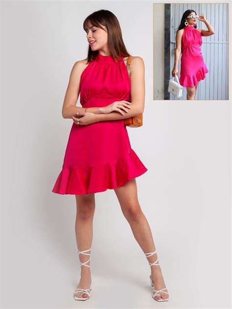 Buy Pink Solid Ruffled Short Dress For Women Online - Zink London