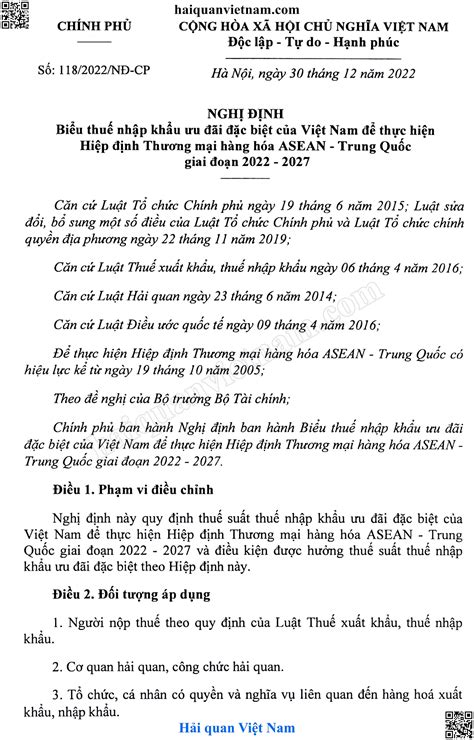 Nghị định số 118/2022/NĐ-CP ngày 30/12/2022 Biểu thuế nhập khẩu ưu đãi ...
