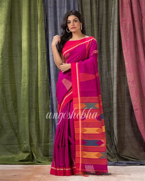 Rani Pink Cotton Blend Temple Border Jamdani Saree – angoshobha