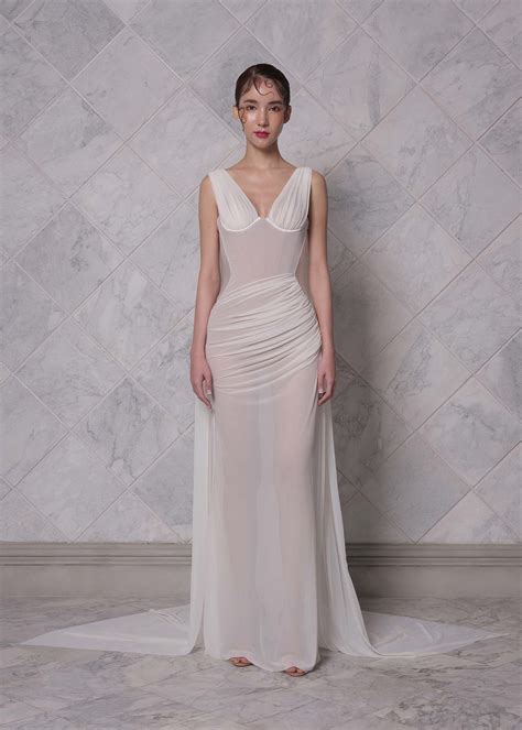 Off-White V-Neck Draped Bustier Floor-Length Dress - POEM | White ...
