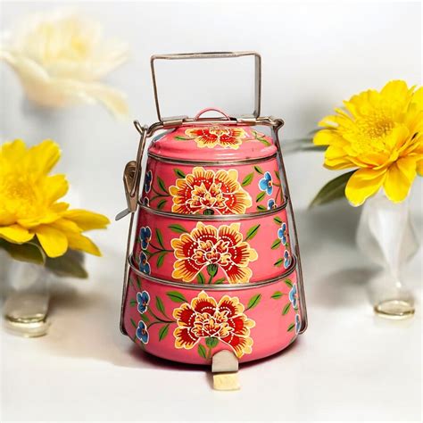 Hand Painted 3 Tier Steel Tiffin Box - Pink – Oxyroots Handicraft