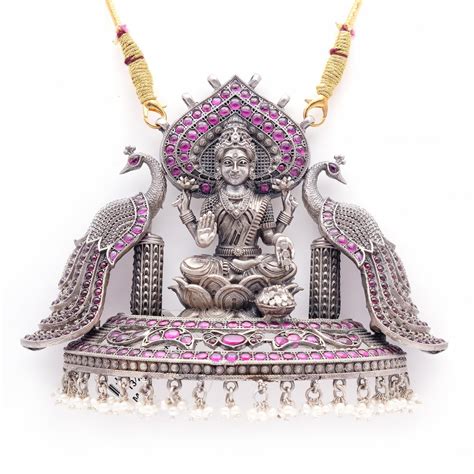 92.5 Oxidized Silver Radhe Collection Lakshmi With Pink Stone Pendant ...
