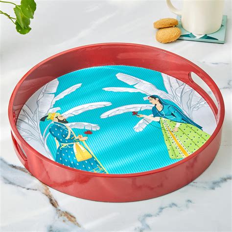 Buy Raisa Raja Rani Wooden Printed Round Serving Tray - 30cm from Home ...