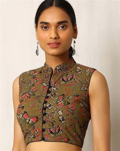 Buy Olive Green Indie Picks Kalamkari Print Sleeveless Cotton Blouse ...
