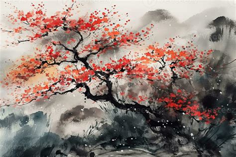 Cherry blossom tree in traditional Japanese painting Sumi-e ink art. AI ...
